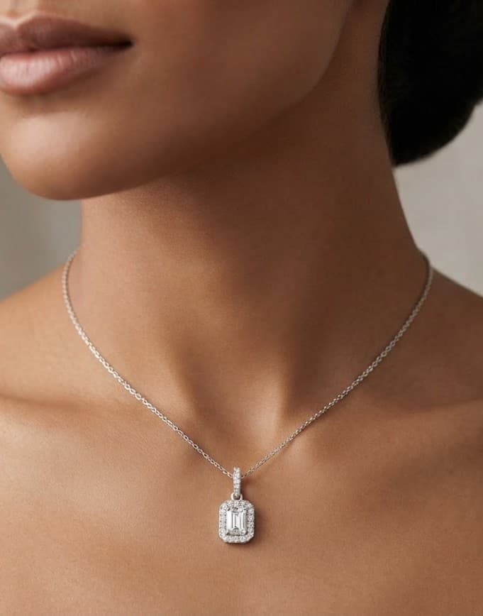 Emerald-Cut Halo Diamond Pendant — image 1