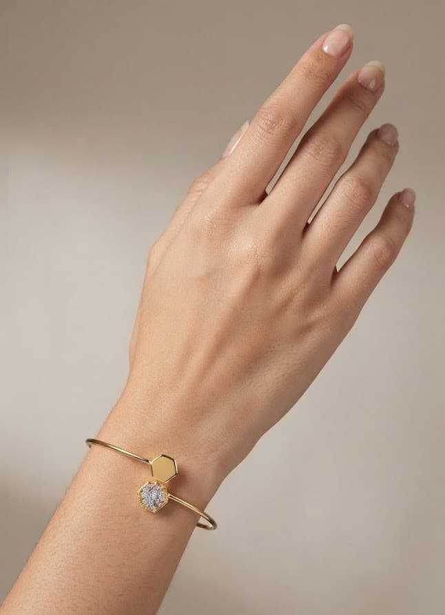 The Geometric Hexagon Cluster Diamond and Gold Open Bangle — image 1